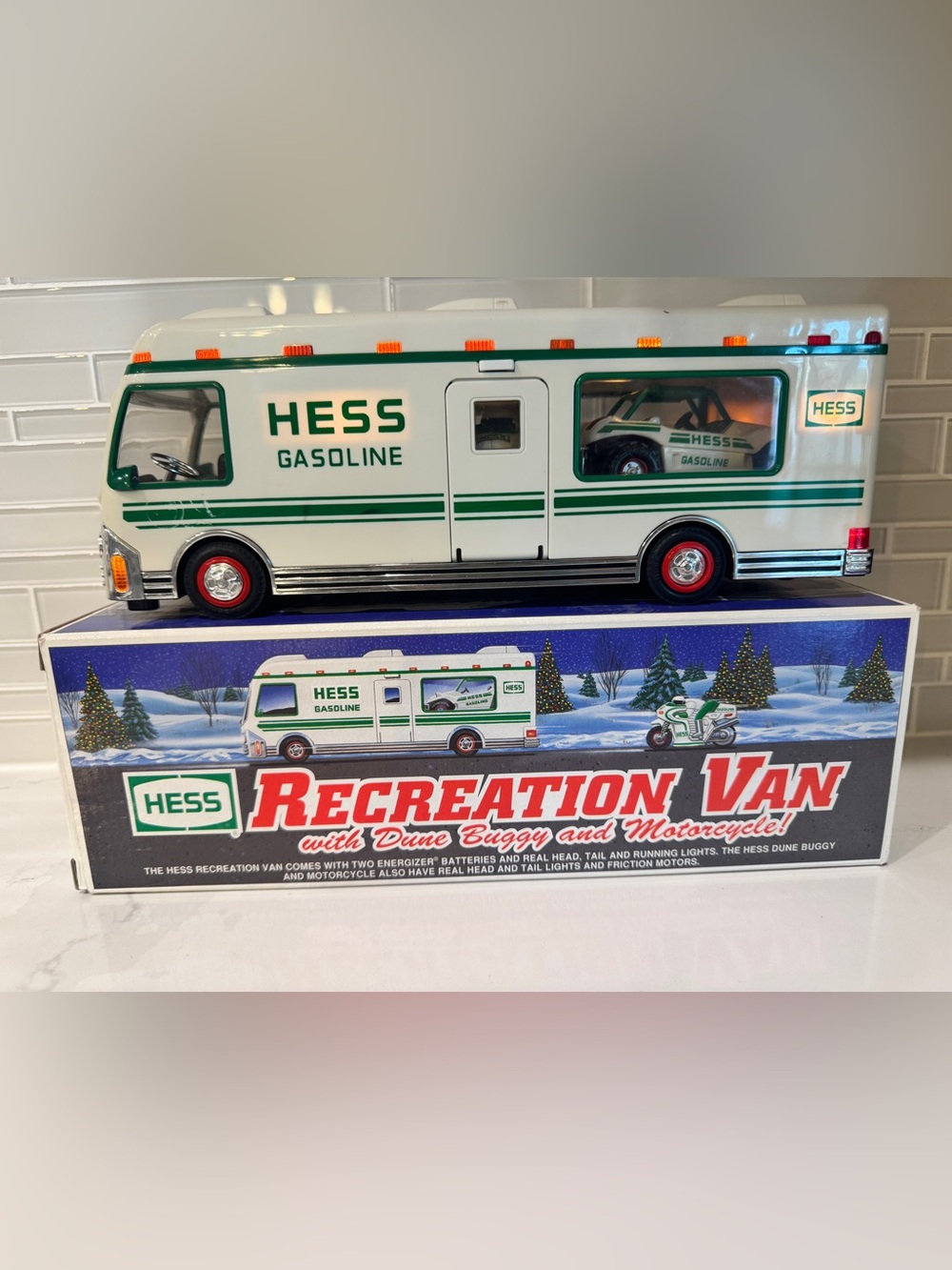 1998 Hess White & Green Recreation Van Toy with Dune Buggy and Motorcycle